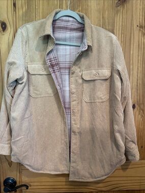 Love Tree Light Beige Corduroy Shirt Jacket with Plaid Lining